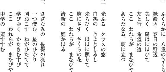 １.くらかに　八重のさくら　緑濃き　春日の野辺 美しく　陽はにほひて　友と行　希望の道　ここ　われらが　まなびや　あらたなる　朝に立つ / 2.光ふる　クラスの窓　白線の　きよきしるし　朱らひく　ほほに照りて　胸にさす　さくらの花　ここ　われらが　まなびや　清新の　庭かほる / 3.さざなみの　佐保の流れ　一つ澄む　星のひかり　国おこす　ねがひたてて　学びゆく　かたきむすび　ここ　われらが　まなびや　中学の　道すすむ